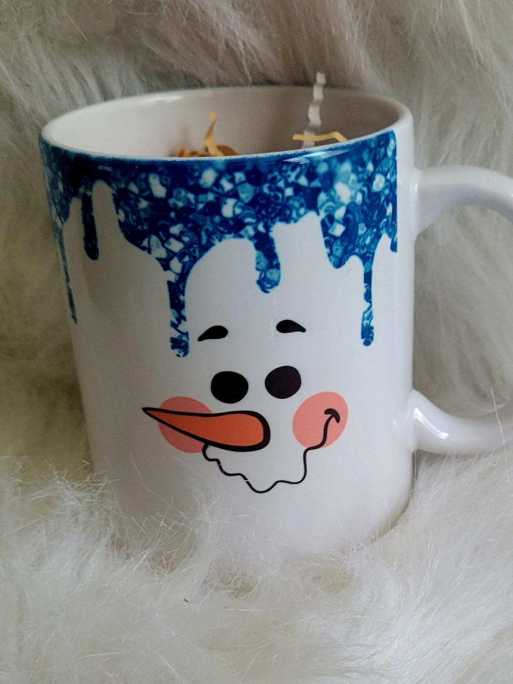 White Ceramic Snowman Mug with Blue Drip Accent
